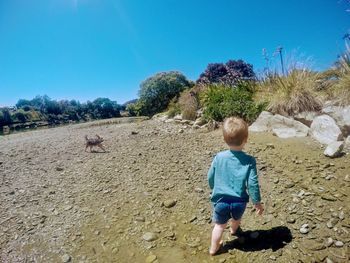Rear view of boy on beach against sky