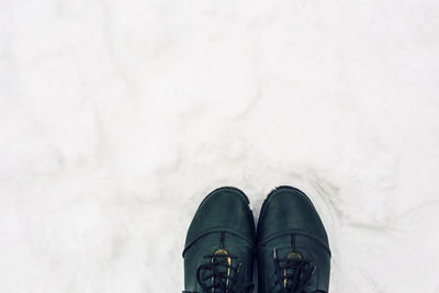 Low section of person standing on snow covered field