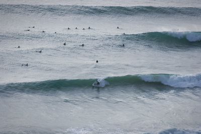 High angle view of people surfing in sea