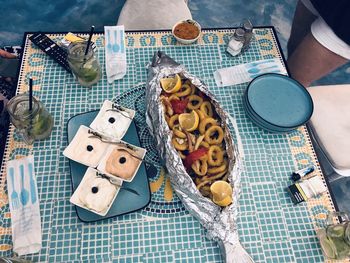 High angle view of food on table