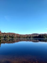 Scenic view of lake against clear blue sky