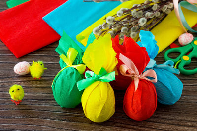 High angle view of multi colored decoration on table