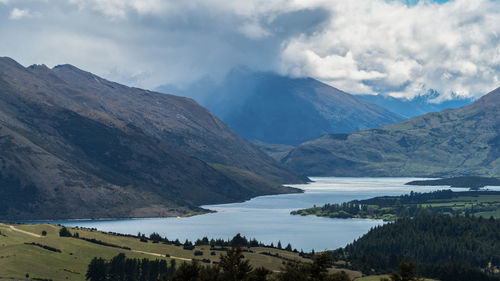 Scenic view of lake and mountains against sky