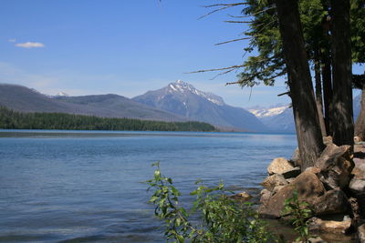 Scenic view of lake and mountains against sky