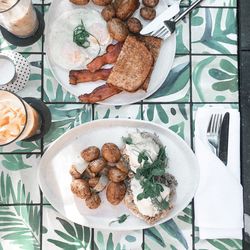 High angle view of meal served on table