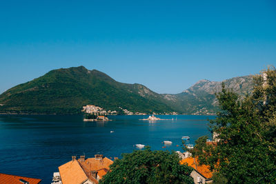 Scenic view of bay against clear blue sky