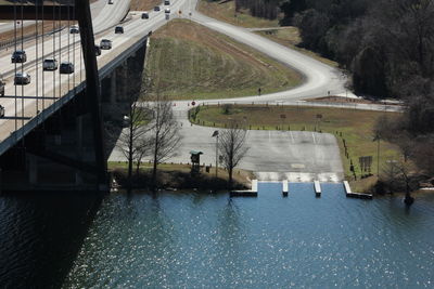 High-angle view of the boat dock next to the 360 bridge in austin, tx. 
