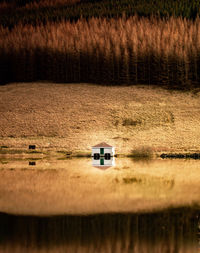 Reflection of boathouse in lake against trees