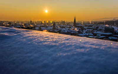 Aerial view of buildings in city during sunset