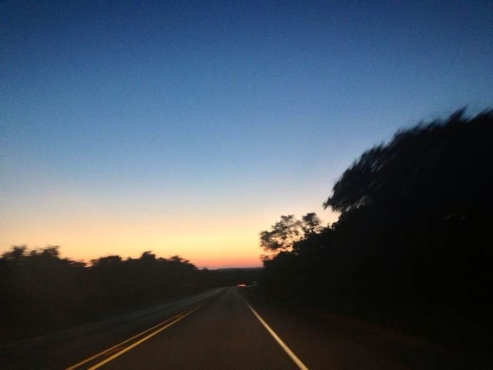 the way forward, transportation, road, diminishing perspective, road marking, vanishing point, country road, clear sky, sky, sunset, tree, copy space, tranquil scene, tranquility, empty road, landscape, nature, silhouette, long, dusk