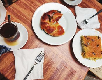 High angle view of breakfast served on table