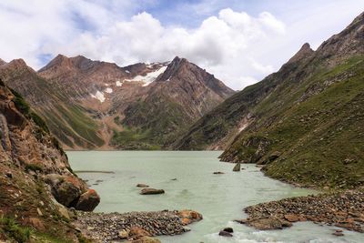 Scenic view of lake and mountains against sky