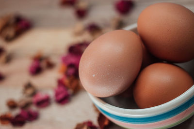 Close-up of eggs in bowl on wooden table