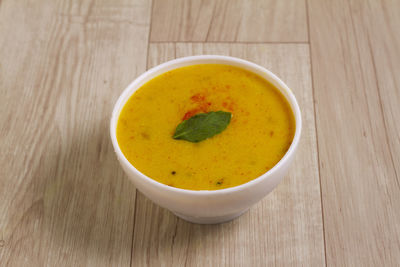 High angle view of soup in bowl on table