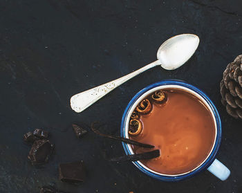 High angle view of soup in bowl on table