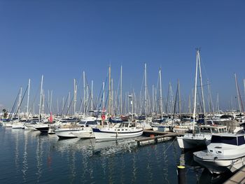 Boats moored at harbor