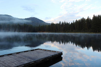 Scenic view of lake by trees against sky