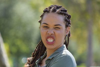 Portrait of woman making face