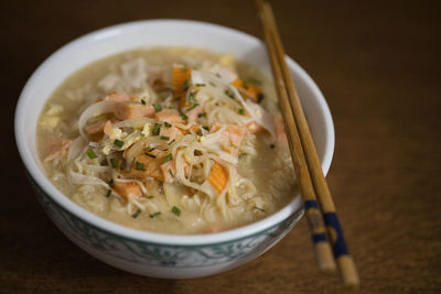 High angle view of soup in bowl on table