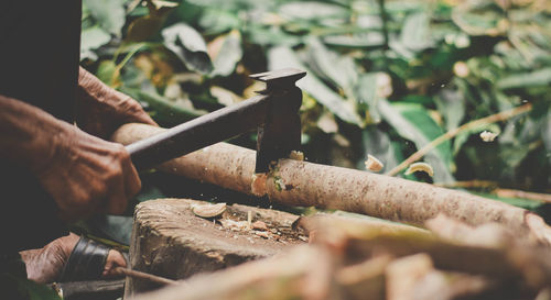 Cropped hands of worker cutting wood with axe