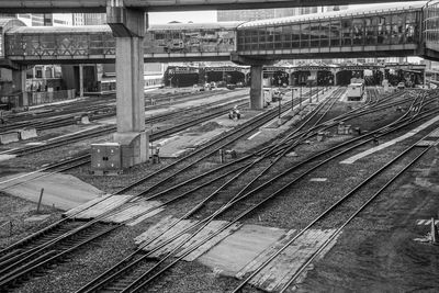 High angle view of train at railroad station