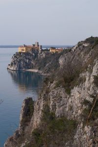 Scenic view of sea by buildings against sky