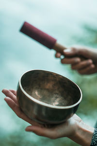 Cropped hands of woman holding mortar and pestle