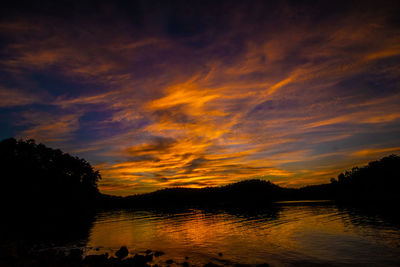 Scenic view of lake against orange sky