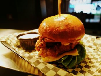 Close-up of burger on table