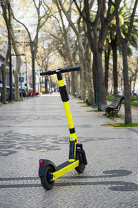 Yellow toy car on street in park