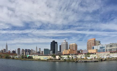 City skyline against cloudy sky