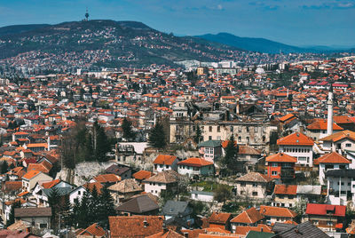 High angle view of buildings in city