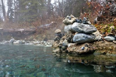 Rock on lake in forest