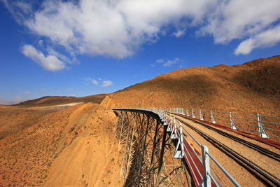 Train in desert against sky