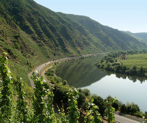 Scenic view of green landscape and river against sky