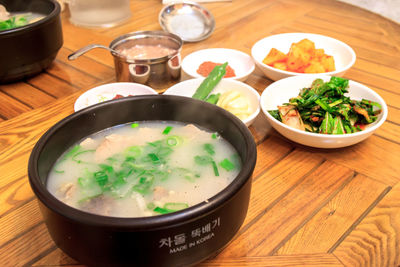 High angle view of soup in bowl on table