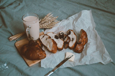 High angle view of breakfast on table