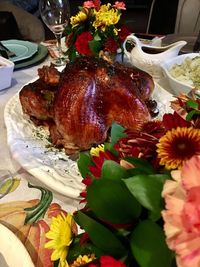 Close-up of flowers in plate on table