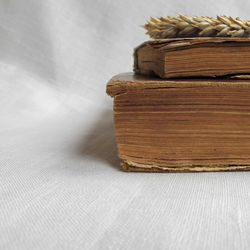 Close-up of stack of books on table