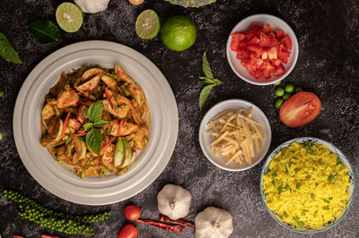 High angle view of food served on table