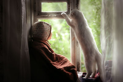 Magical photo of a child toddler with a cat sitting on the window, the concept of favorite animals