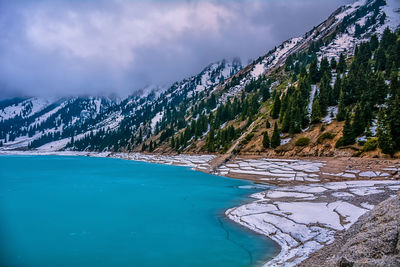 Scenic view of lake against sky during winter