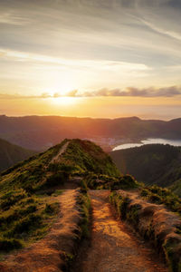 Scenic view of mountains against sky during sunset