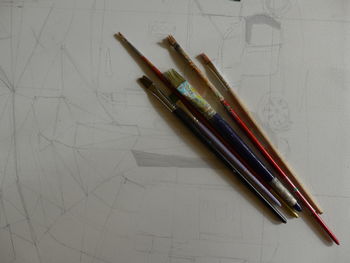 High angle view of colored pencils on table