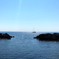 Scenic view of sea against clear blue sky