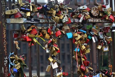 Close-up of padlocks hanging on railing