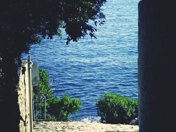 Scenic view of sea with trees in background