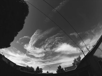 Low angle view of power lines against cloudy sky