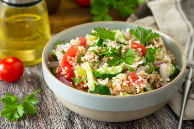 Close-up of salad served on table