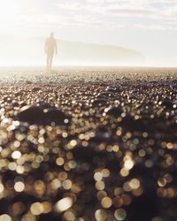 Man on beach against sky during sunset